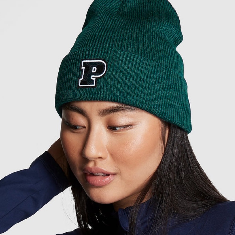 PINK VS Rib Knit Beanie In Black Ivy P Logo Graphic